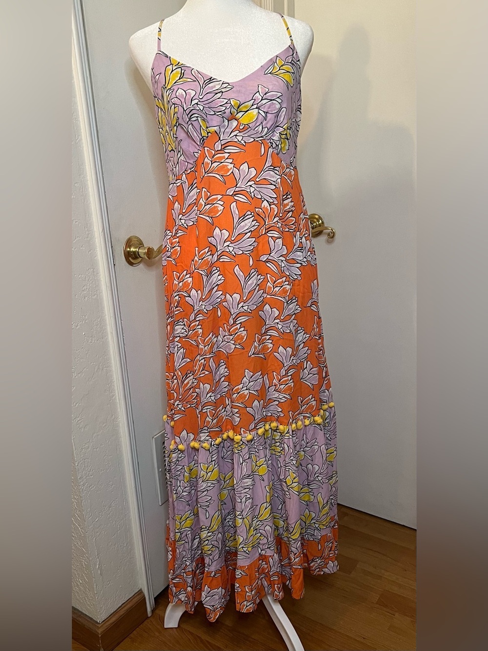 FARM Rio for Anthropologie Floral Midi/maxi XS Orange Lavender Yellow Pom Pom